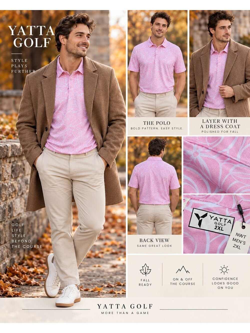 Yatta Golf Men’s NWT 2XL Pink Floral Polo NWT Golfcore Preppy Resort Y2K Shirt